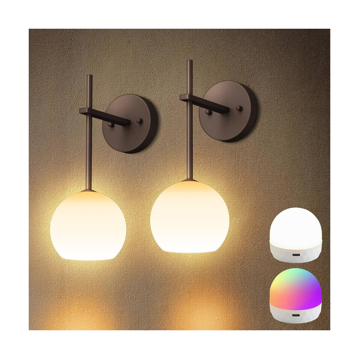 Brown Battery Operated Wall Sconces Set of 2, Rechargeable Wireless Wall Lights with Milky White Frosted Glass, 12 RGB