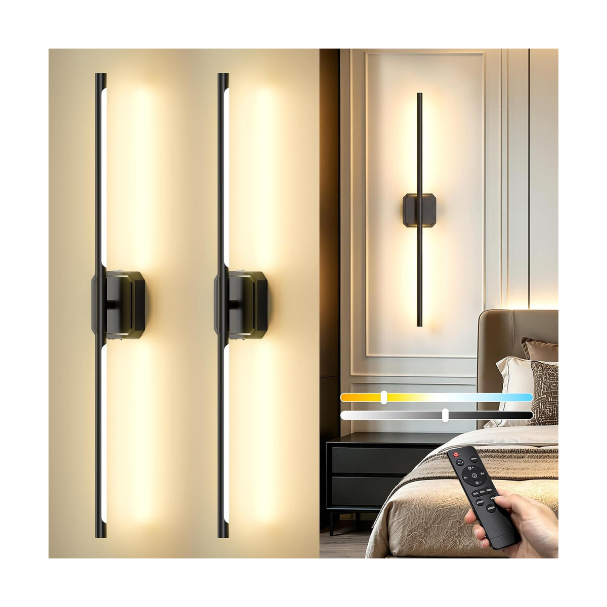 Battery Operated Wall Sconces Set of Two, Wireless Wall Lights Touch & Remote Control Rechargeable LED Wall Lamp