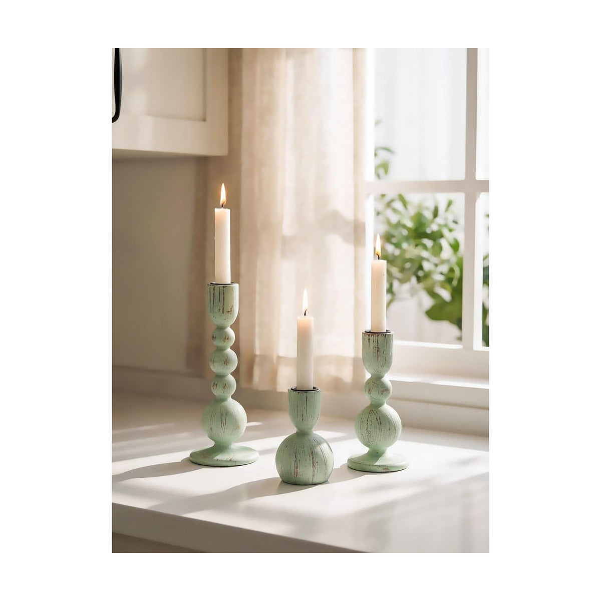 NUPTIO Wooden Taper Candle Holders, Set of 3 Sage Green Candlesticks