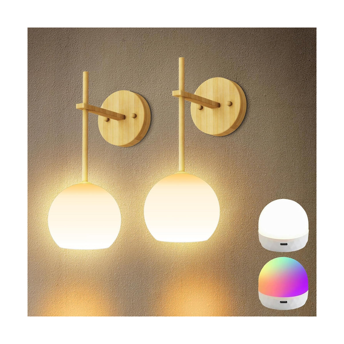 Wood Grain Battery Operated Wall Sconces Set of 2, Rechargeable Wireless Wall Lights with Milky White Frosted Glass, 12