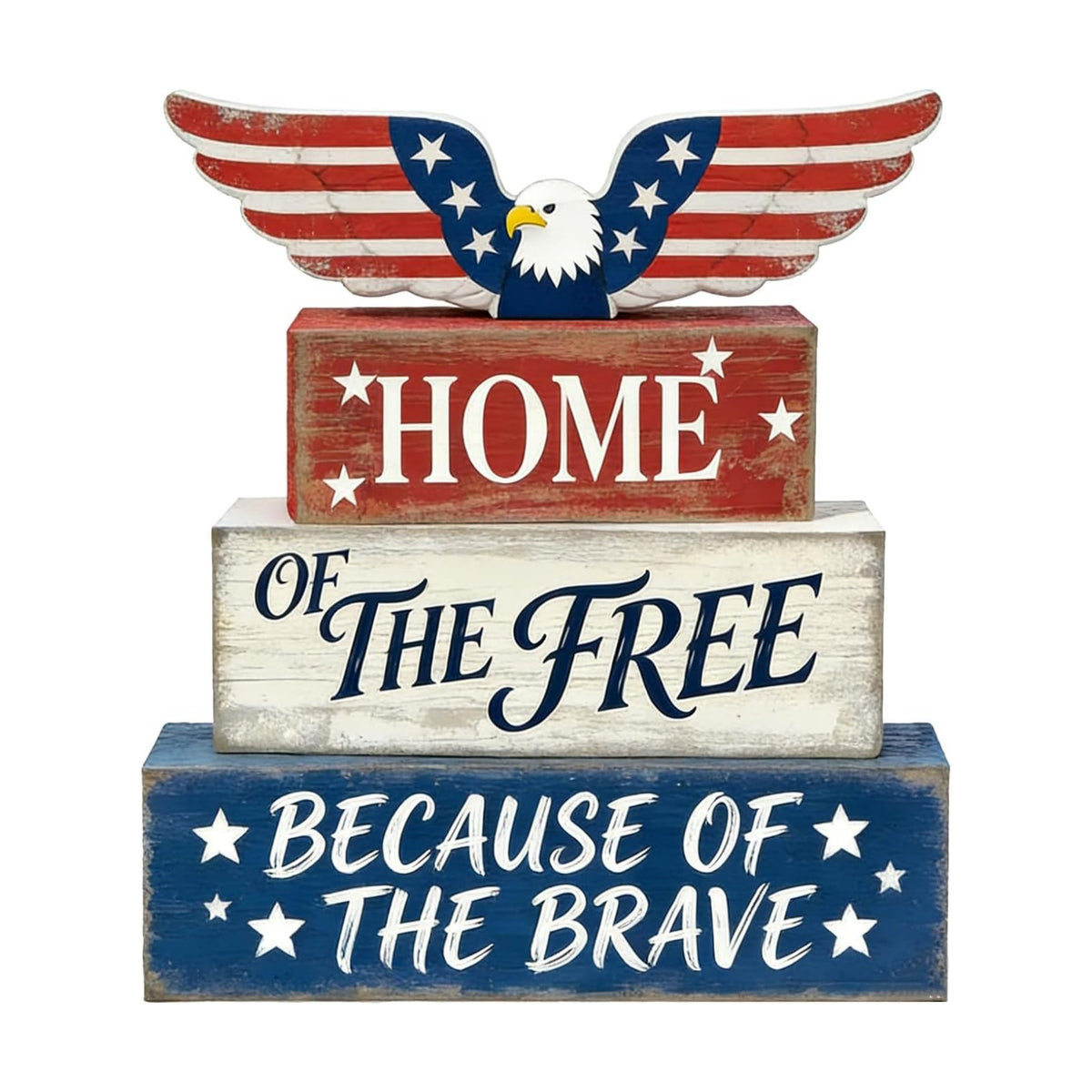 4th of July Table Decorations Patriotic Memorial Day Tiered Tray Decor Wooden Eagle Block Signs Independence Farmhouse 250th July Fouth Centerpiece for Tables Wooden Sign for Home Decor