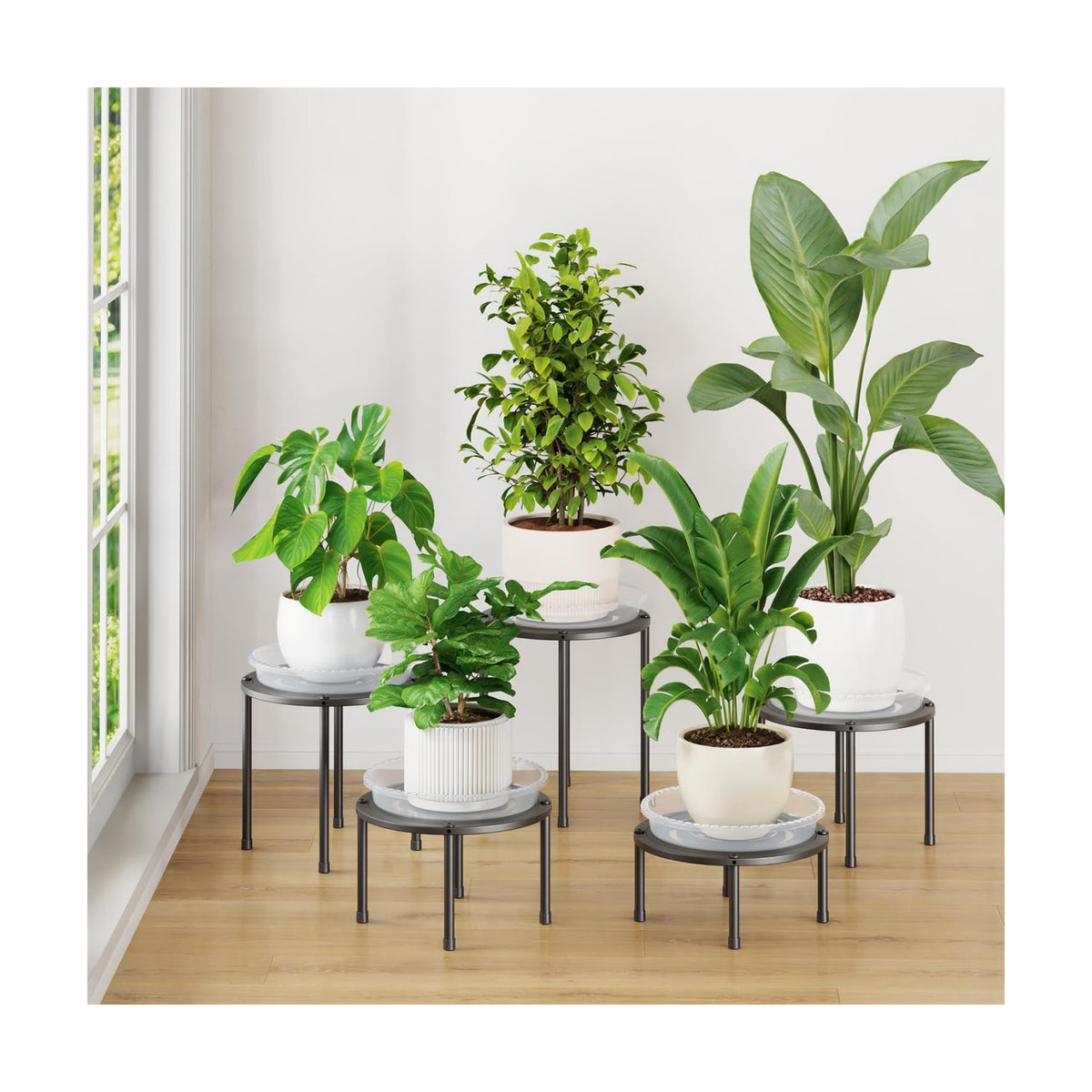 iDavosic.ly 5-Pack Metal Plant Stands with 5 Plant Saucer Tray, 10 In Black | Flower Pot Holder, Heavy Duty Iron Stool
