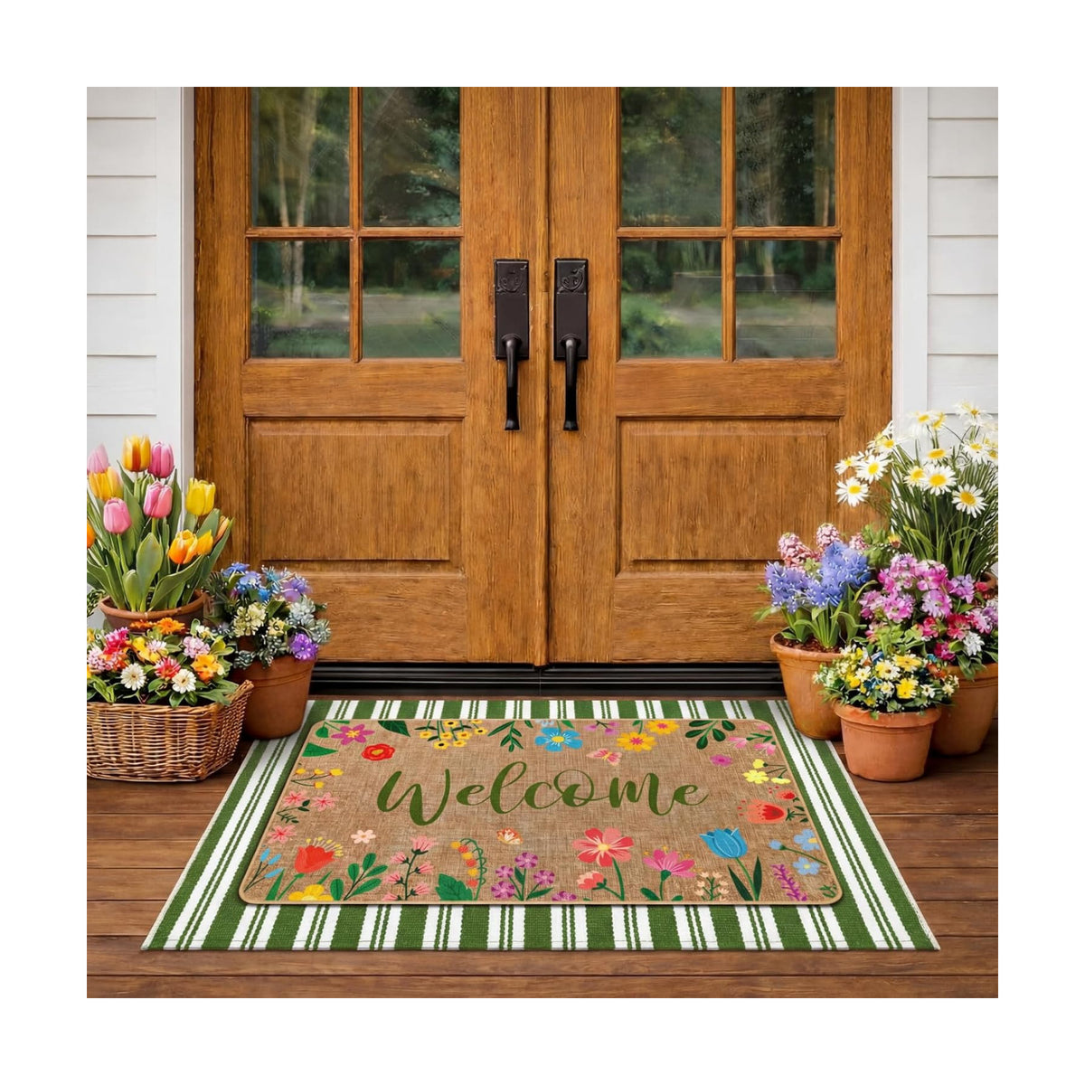 Tinideya 2 Pcs Floral Layered Door Mat Outdoor Wildflower Welcome Mat