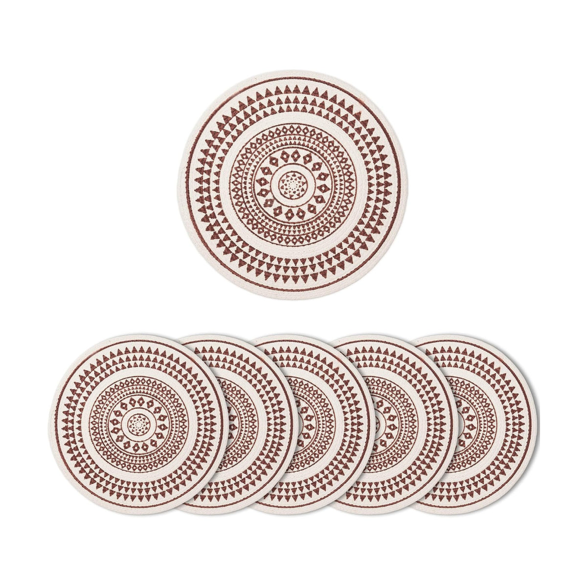 Encasa XO Dining Placemats, Cotton Round Table Mats 13" Maroon Mandala-3 Print