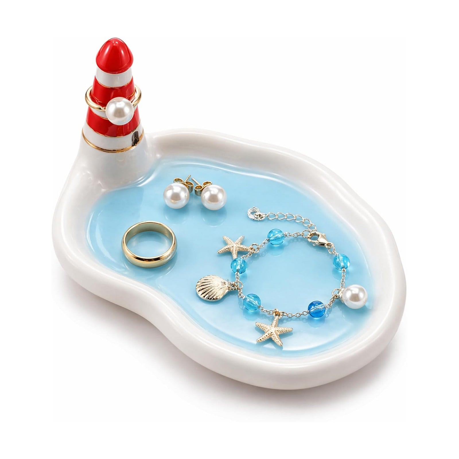 Lighthouse Jewelry Holder Ceramic Ring Dish / Blue / 6 x 4