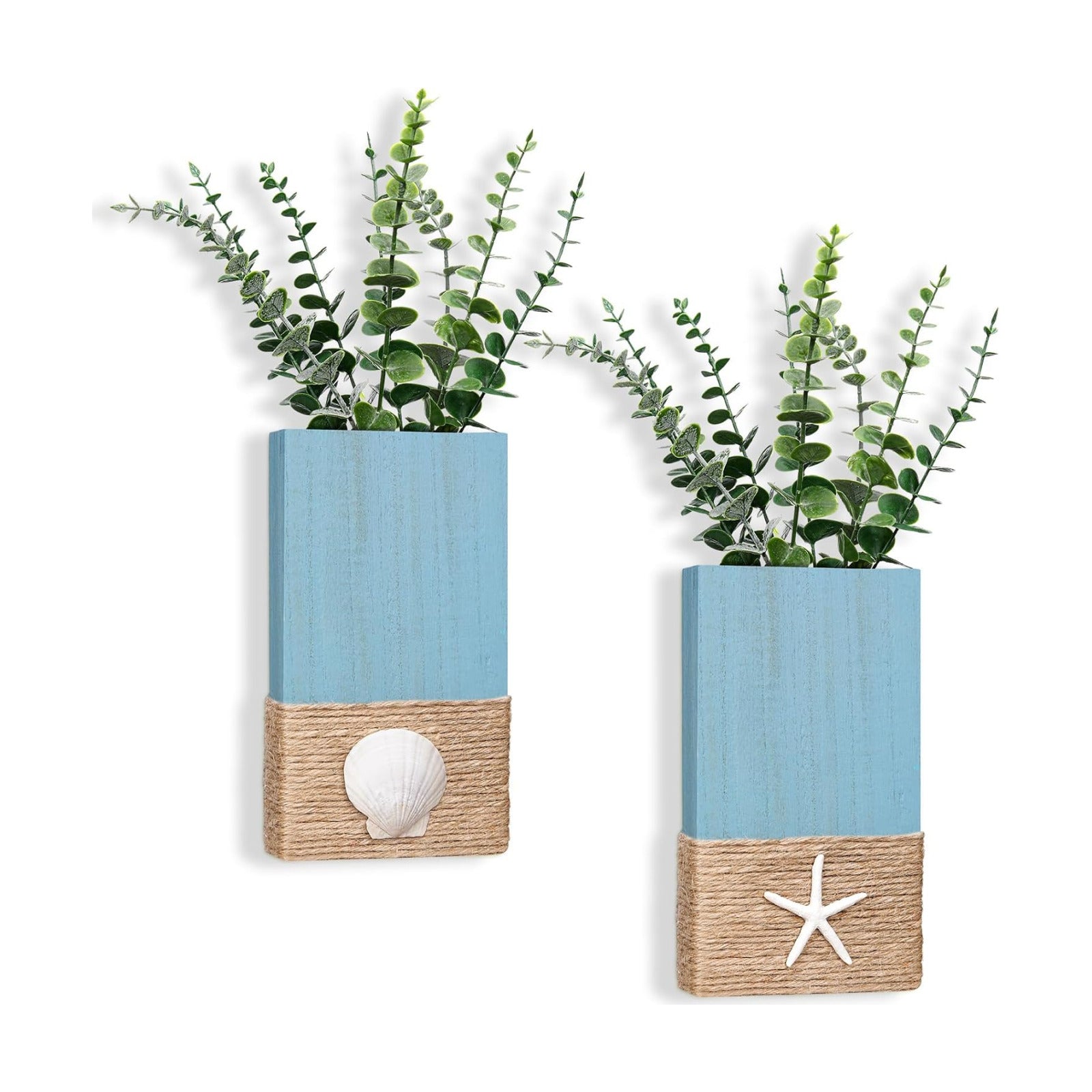 Beach Rustic Wood Wall Planter Vase Beach Room Decor Nautical Coastal / Seashell / Blue / Set of 2