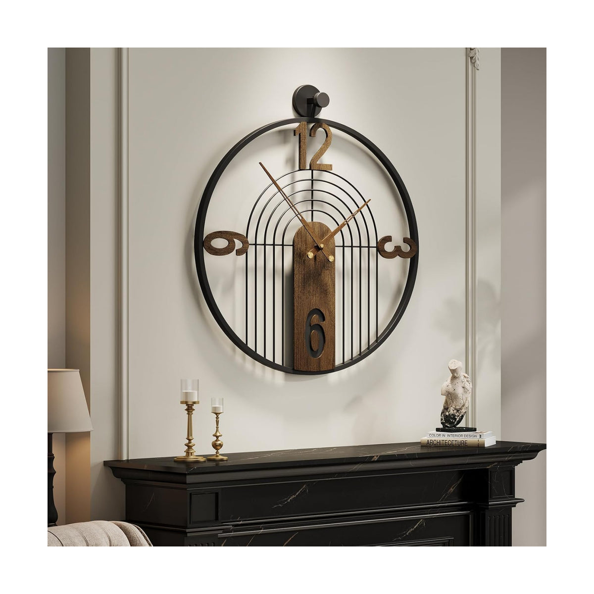 Cuspin 30 Inch Large Wall Clock Modern Black Metal Clock with Walnut Dial | Battery operated, Silent non ticking