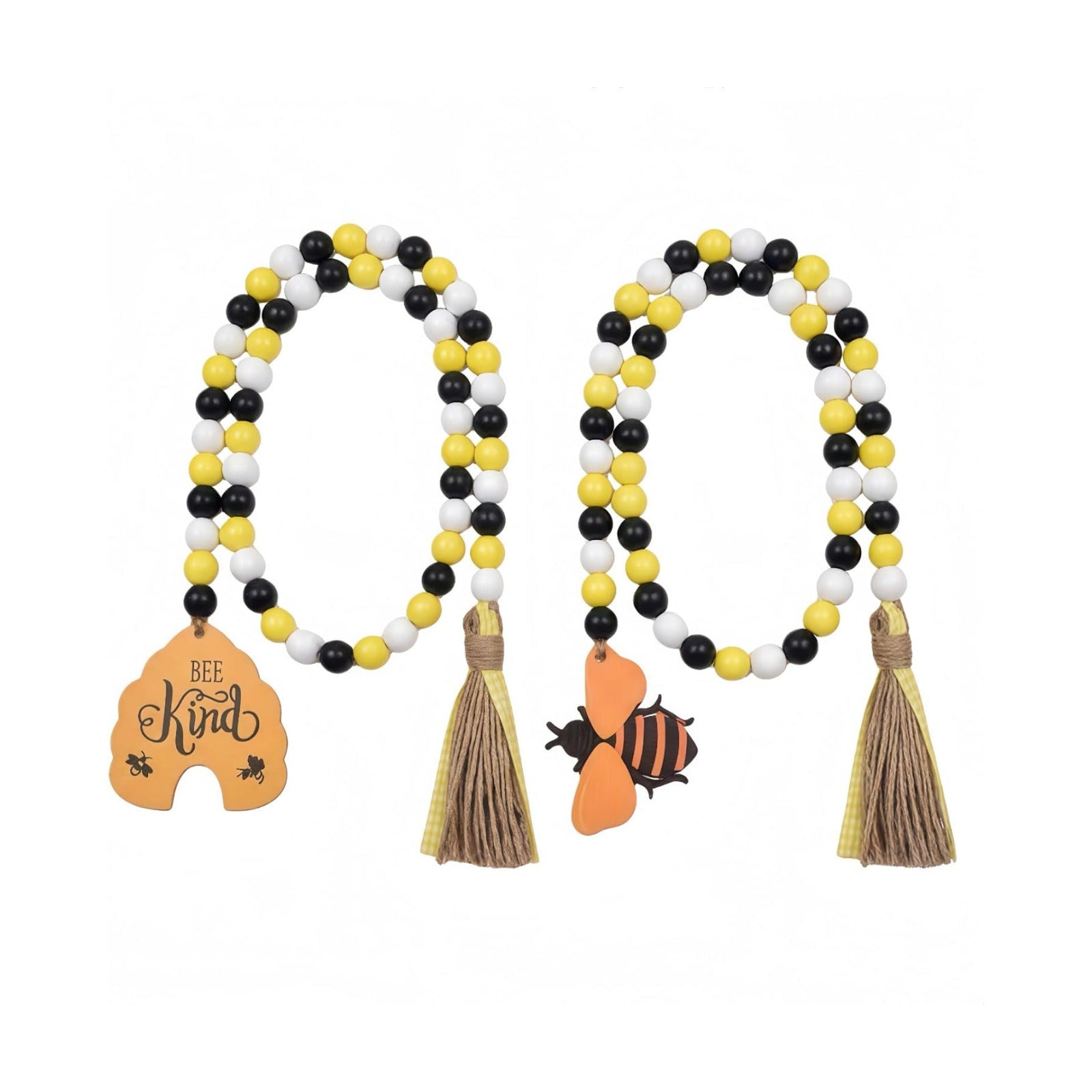 Honey Bee Wood Bead Garland Rustic Farmhouse Tiered Tray Decor / Yellow / Set of 2