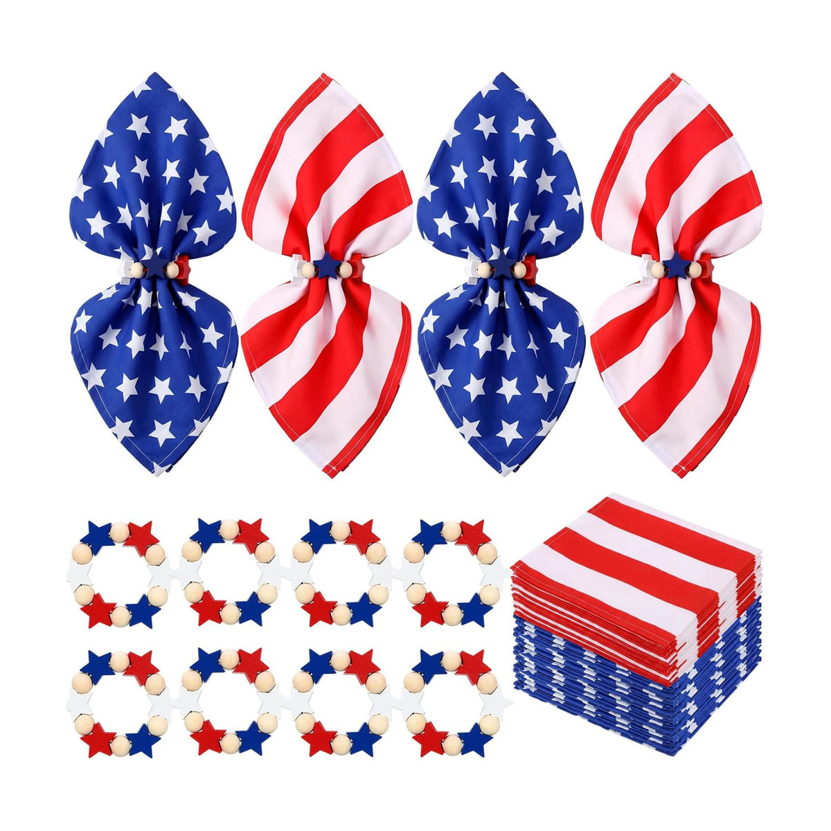 Qinyoung 8 Sets Patriotic Cloth Napkin and Star Napkins Rings 4th of July Wooden Red White and Blue Napkin Ring Holder 250th Anniversary Veterans Day Election Independence Day Table Decoration