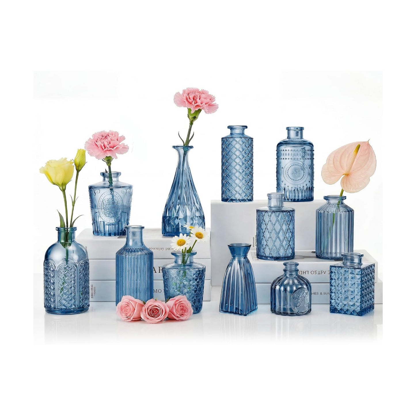 Armber Small Vintage Glass Clear Bud Flower Vases Bulk Multiple Shape Mini Glass / Blue / Set of 12