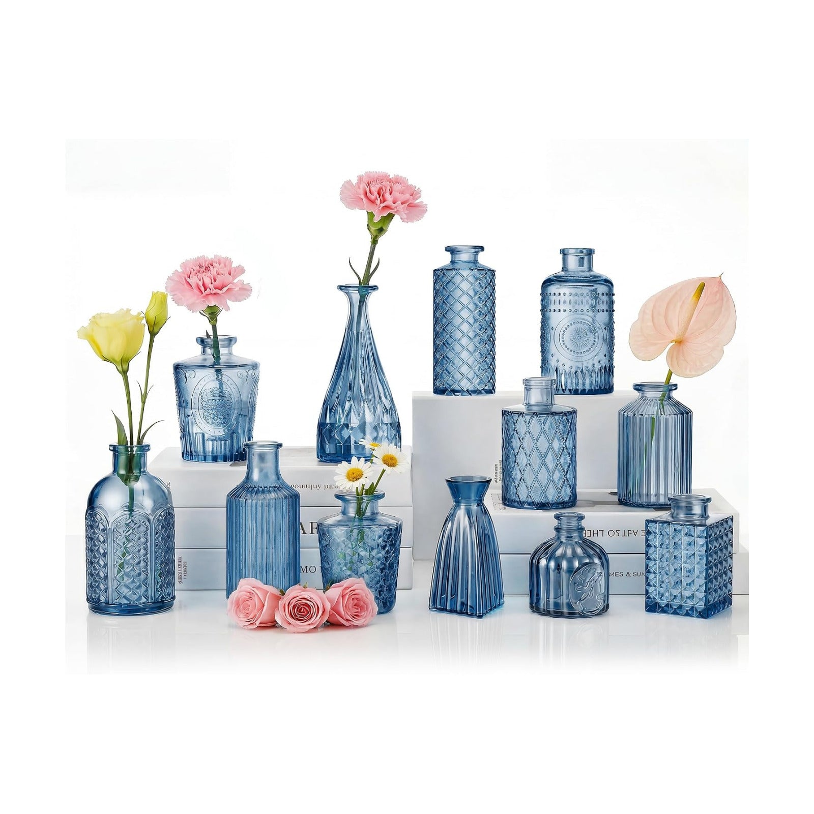 Armber Small Vintage Glass Clear Bud Flower Vases Bulk Multiple Shape Mini Glass / Blue / Set of 12