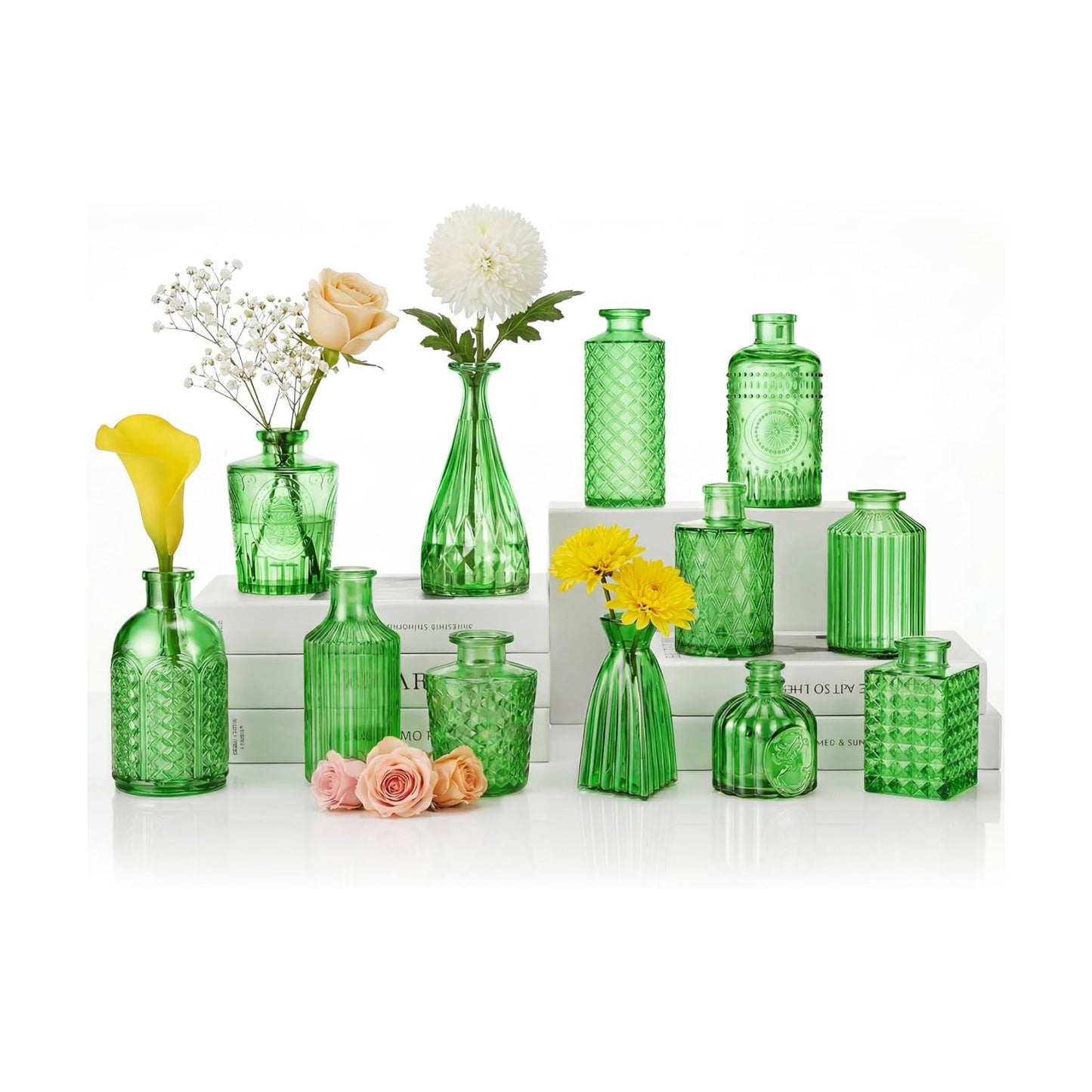 Armber Small Vintage Glass Clear Bud Flower Vases Bulk Multiple Shape Mini Glass / Green / Set of 12