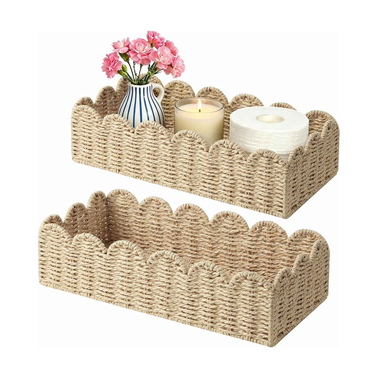 Scalloped Wicker Shelf Baskets / Beige M+L / Set of 2
