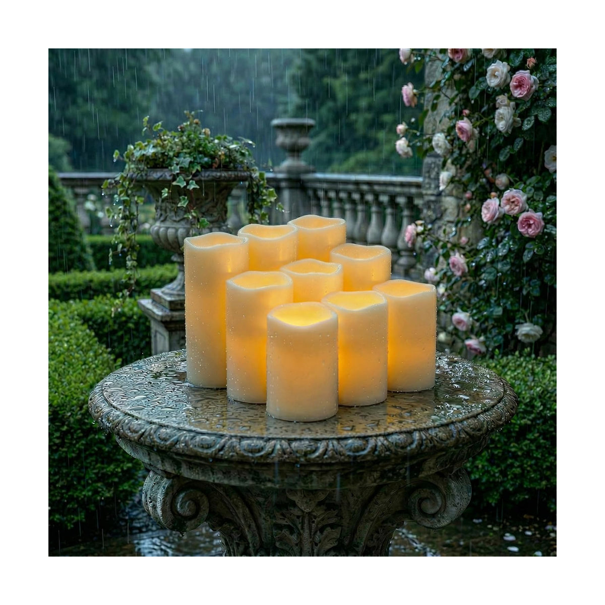 5plots Outdoor Waterproof Flameless Candles, LED Pillars Set of 9 Ivory | Ivory candles in 3"x4"5"6" sizes, battery