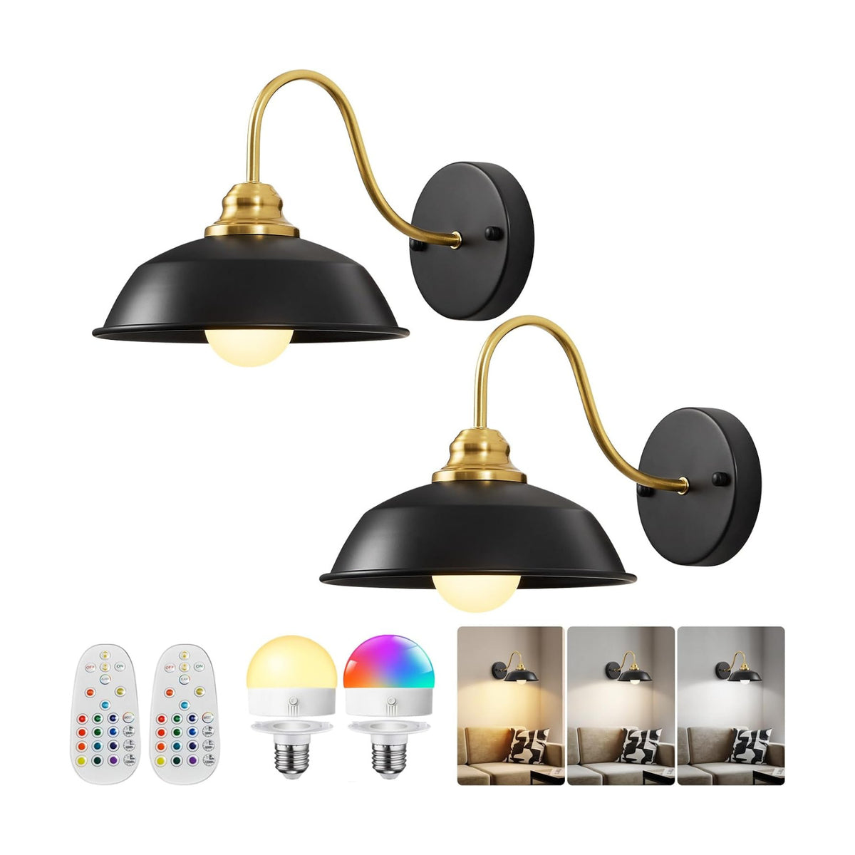 Battery Operated Wall Sconces Set of Two, Gold Wireless Wall Lights with Remote and Dimmable Bulbs for Bedroom/Living