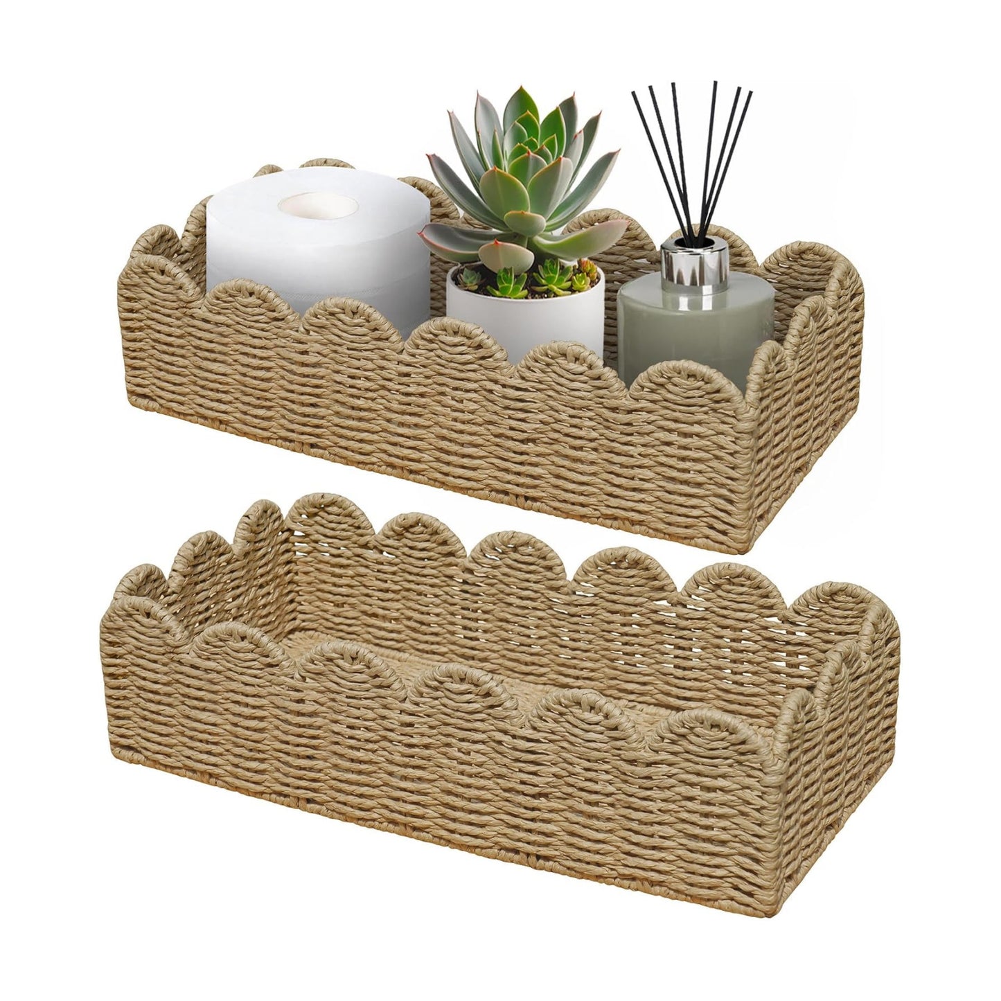Scalloped Wicker Toilet Paper Storage Basket / Beige / Set of 2