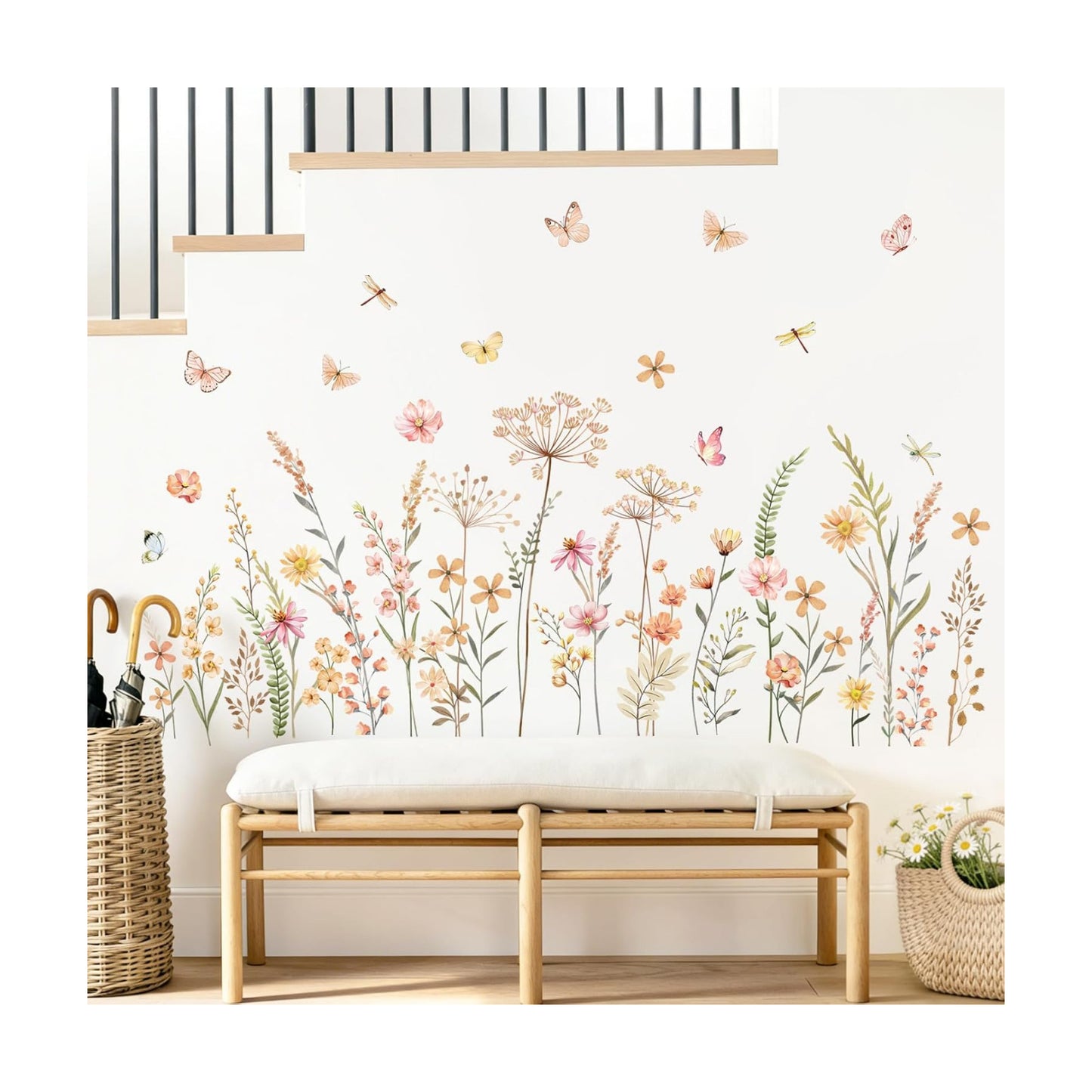 Boho Flower Wall Decals Bohemian Wildflower Grass Wall Stickers Peel and Stick Vinyl Decor for Girls