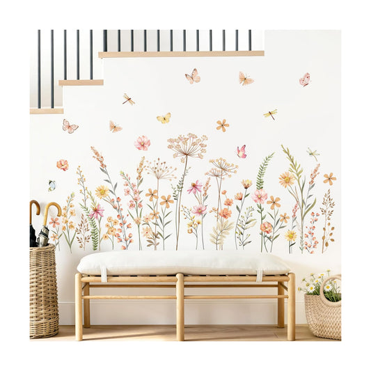 Boho Flower Wall Decals Bohemian Wildflower Grass Wall Stickers Peel and Stick Vinyl Decor for Girls