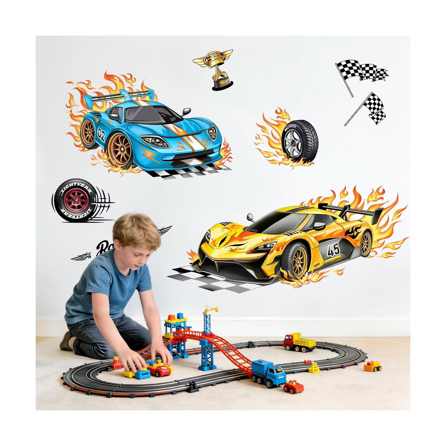 2 Large Racing Car Wall Decals Blue Car Trophies Wall Stickers Vinyl Removable Wall Art / Yellow
