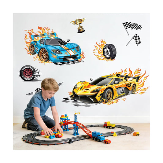 2 Large Racing Car Wall Decals Blue Car Trophies Wall Stickers Vinyl Removable Wall Art / Yellow