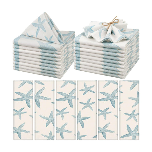 Funnymoom 12 Pcs Blue Starfish Cloth Napkins, Beach Ocean Coastal Reusable