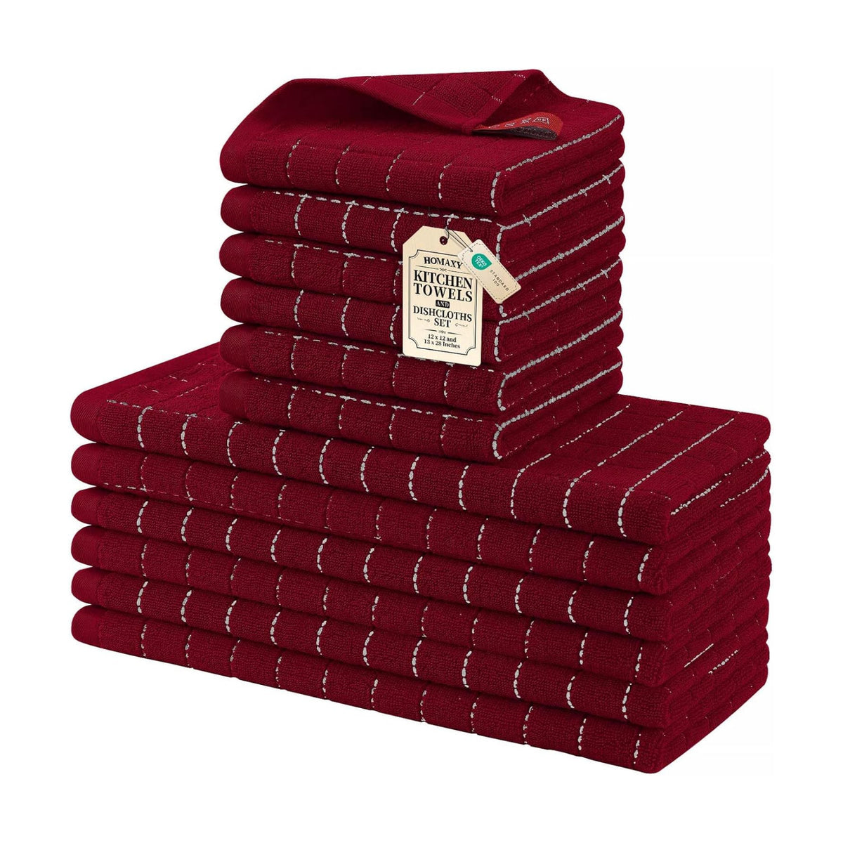 Homaxy Kitchen Towels and Dishcloths Set, Set of 12, Brick Red | Bulk Cotton Terry Kitchen Towels, Checkered Designed