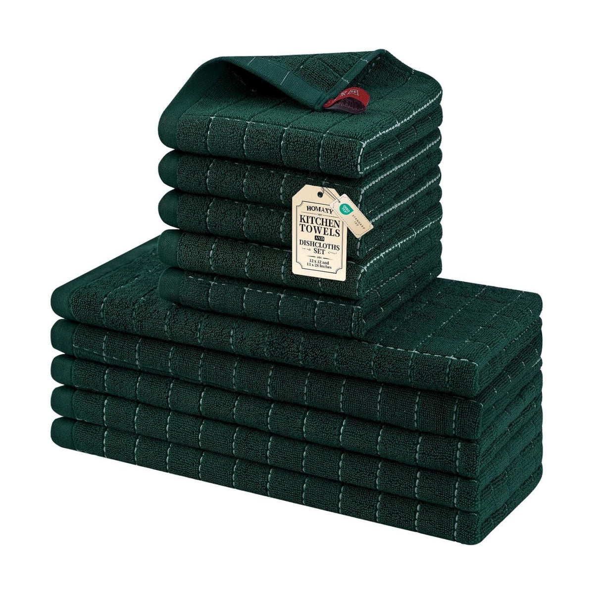 Homaxy Kitchen Towels and Dishcloths Set, Set of 10, Blackish Green | Bulk Cotton Terry Kitchen Towels, Checkered