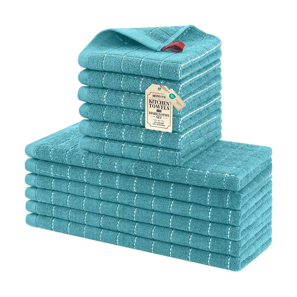 Homaxy Kitchen Towels and Dishcloths Set, Set of 12, Lake Blue | Bulk Cotton Terry Kitchen Towels, Checkered Designed