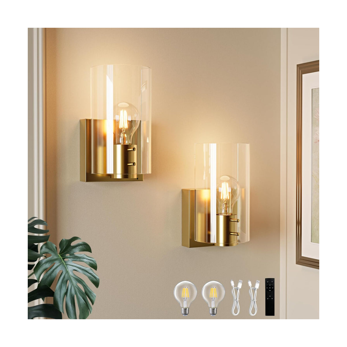 Gold Battery Operated Wireless Wall Sconces Set of Two, Warm Wall Lights | Dimmable Rechargeable Wall Sconce with
