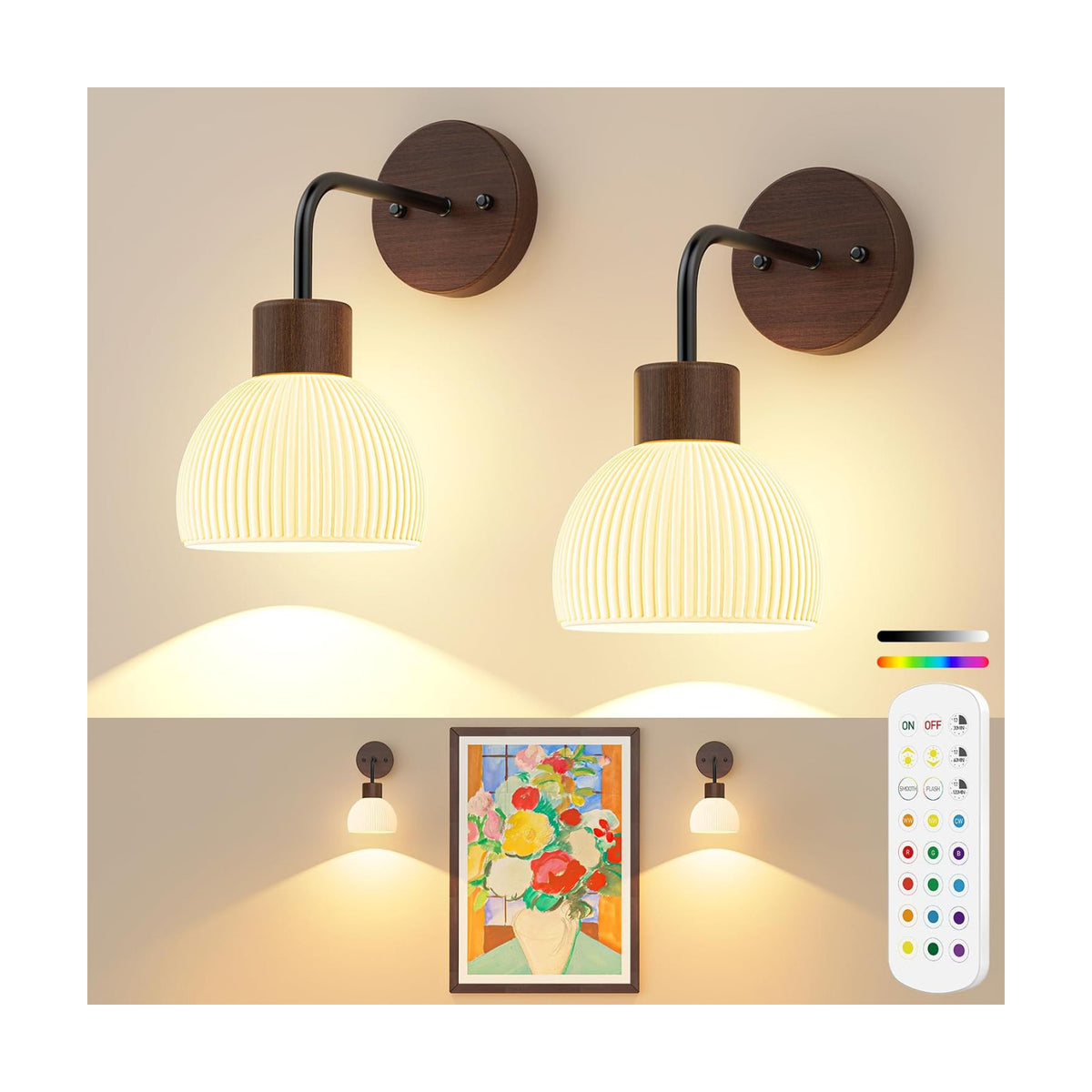 Glass Battery Operated Wall Sconces Set of 2, Rechargeable Wall Lamp with Remote, 12 Colors Dimmable Wireless Sconces
