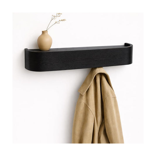 MTZ Solid Wood Wall Mounted Coat Rack with Shelf & 5 Hidden Hooks (Black) | Minimalist entryway wall hook rack for