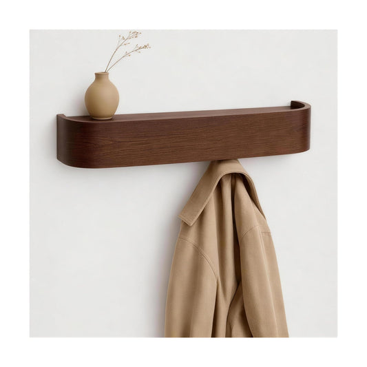 MTZ Solid Wood Wall Mounted Coat Rack with Shelf & 5 Hidden Hooks (Walnut) | Minimalist entryway wall hook rack for