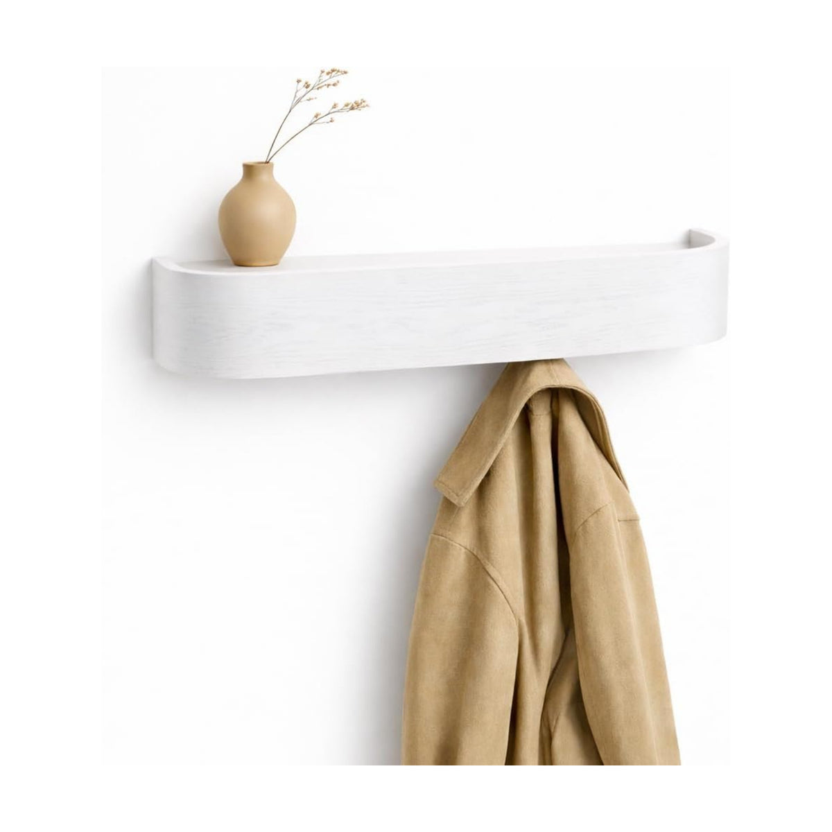 MTZ Solid Wood Wall Mounted Coat Rack with Shelf & 5 Hidden Hooks (White) | Minimalist entryway wall hook rack for