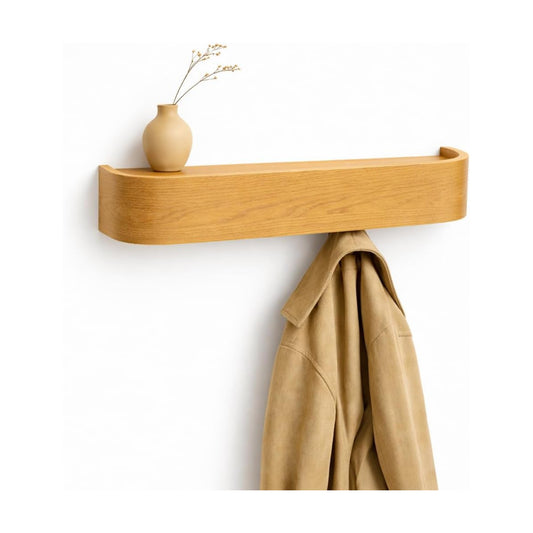 MTZ Solid Wood Wall Mounted Coat Rack with Shelf & 5 Hidden Hooks (Oak) | Minimalist entryway wall hook rack for