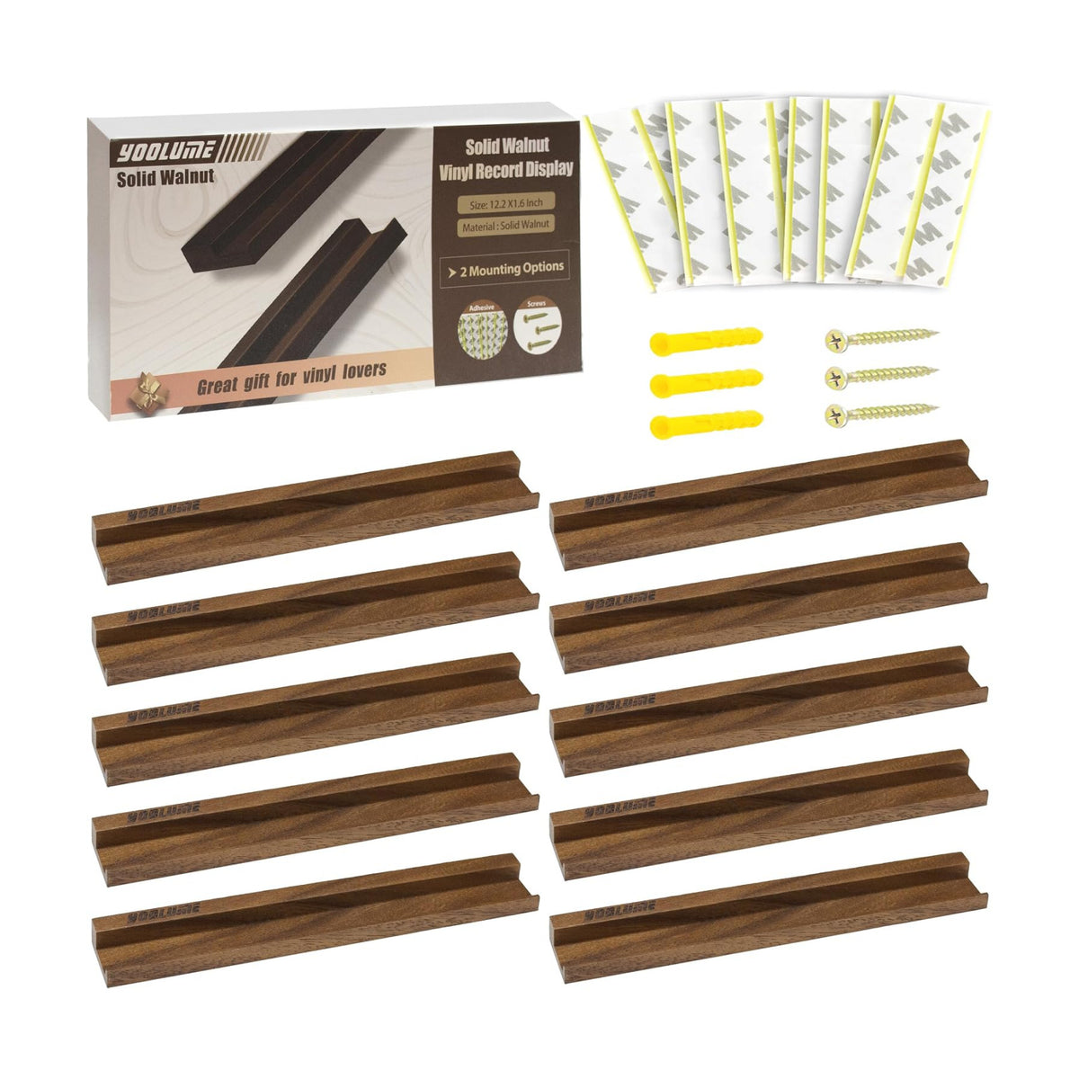 Record Wall Display No Drill with 2 Mount Options(Adhesive & Screws), 10 Pack Walnut Wood Vinyl Shelf, Vinyl Wall