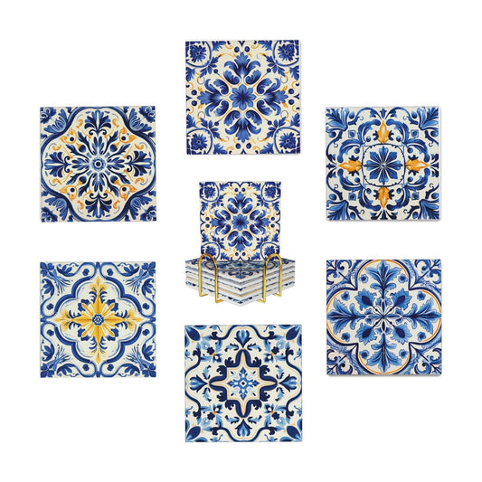 Cork Base and Golden Holder / Azulejo Tile-square-1 / Blue / Set of 6