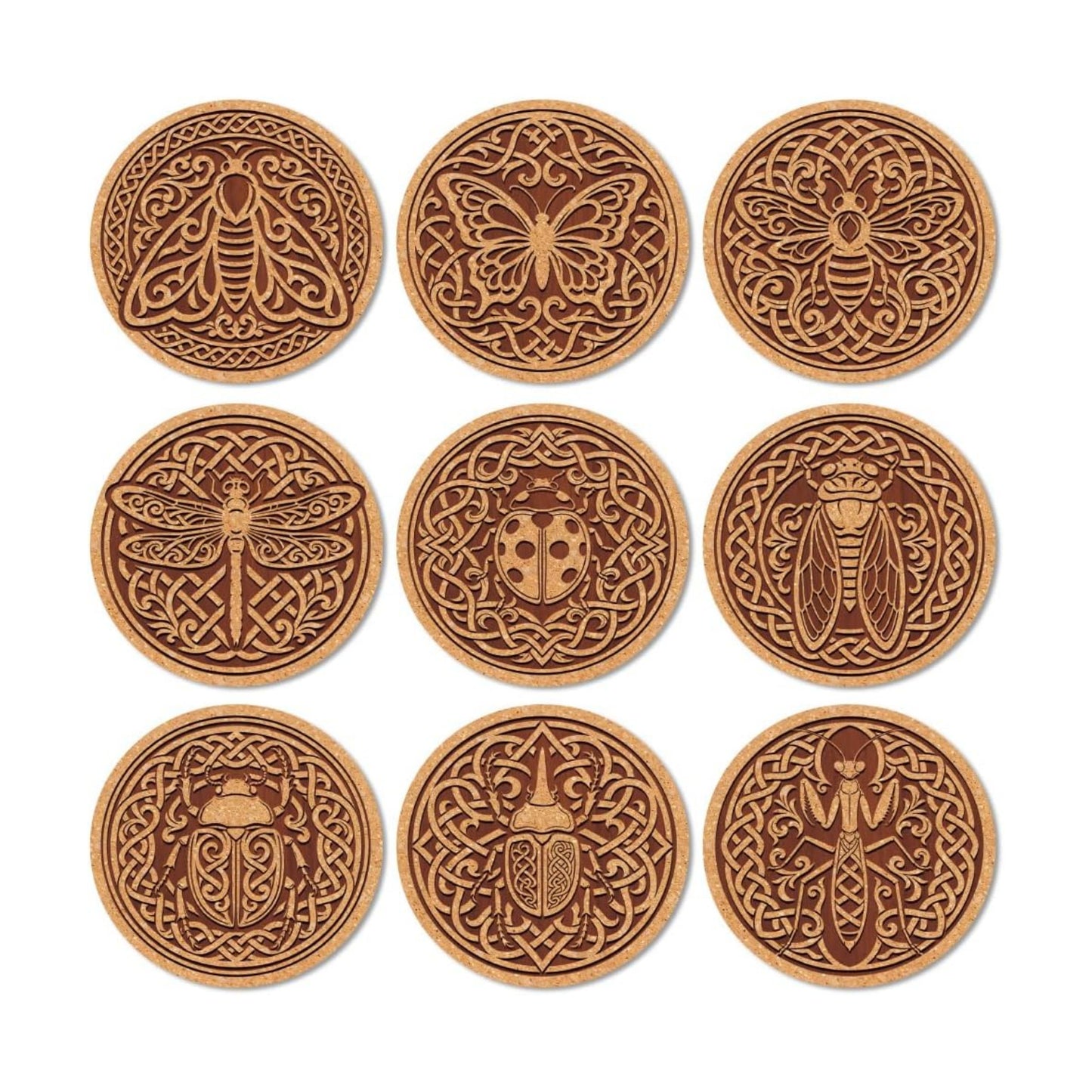 Coasters Pattern Colorful Wooden Coasters Bulk Round Housewarming Gift / Celtic Knots / Set of 9