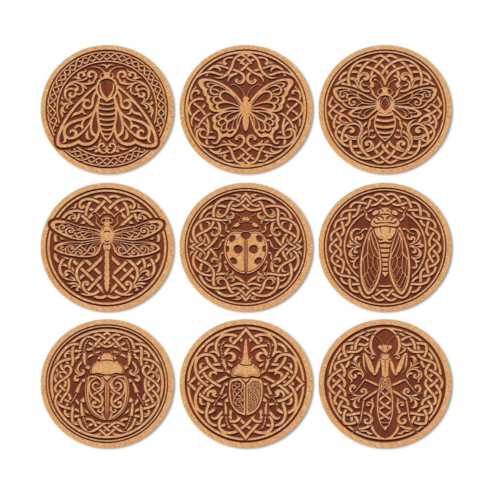 Coasters Pattern Colorful Wooden Coasters Bulk Round Housewarming Gift / Celtic Knots / Set of 9