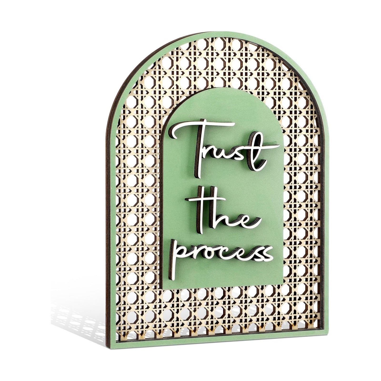 Boho Shelf Decor Trust The Process Wooden Standing Sign Inspirational Hollow Arched / Sage Green