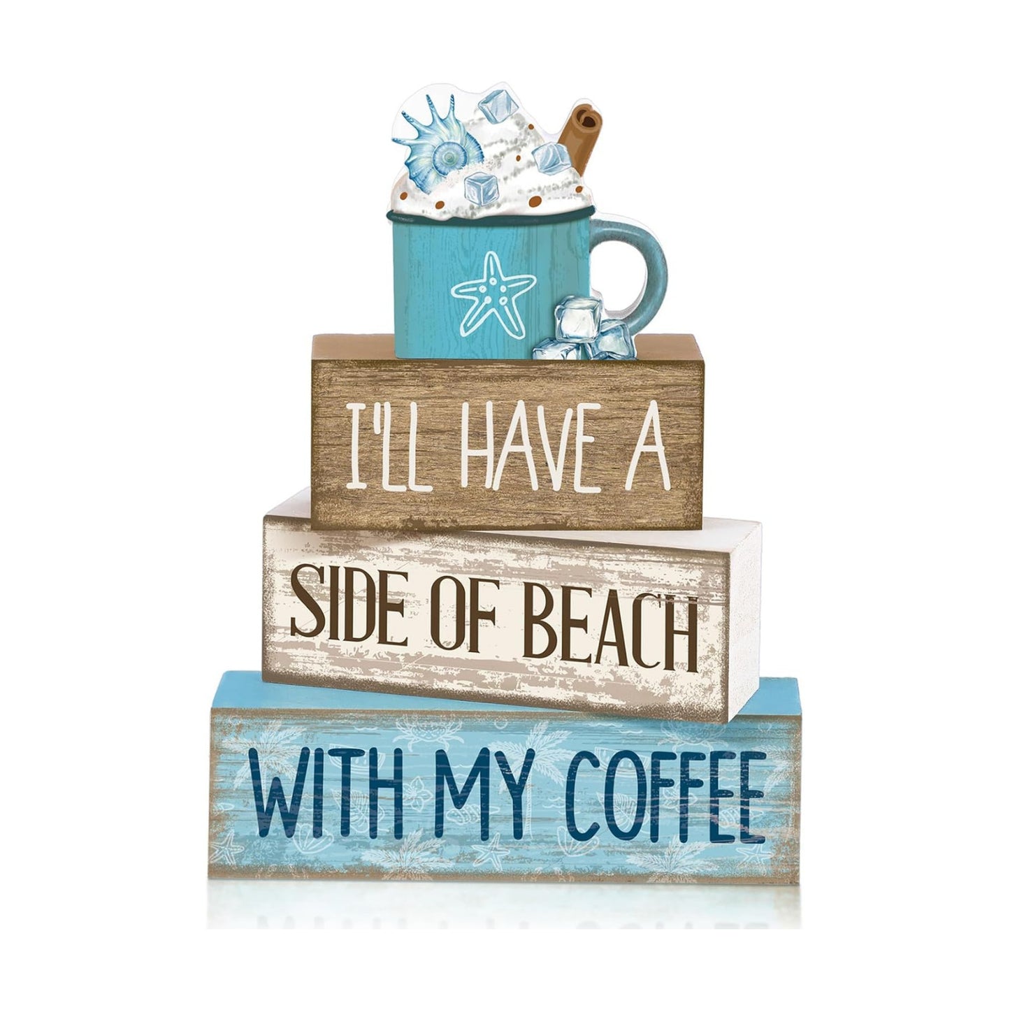 Lineshading 4 Pcs Beach Coastal Wooden Block Signs with Coffee Cup Summer