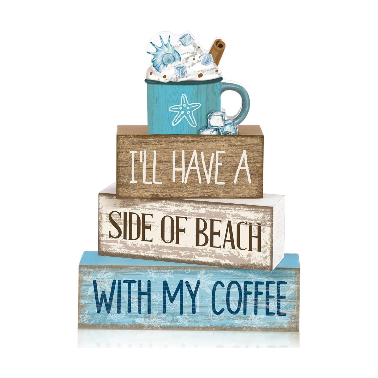 Lineshading 4 Pcs Beach Coastal Wooden Block Signs with Coffee Cup Summer