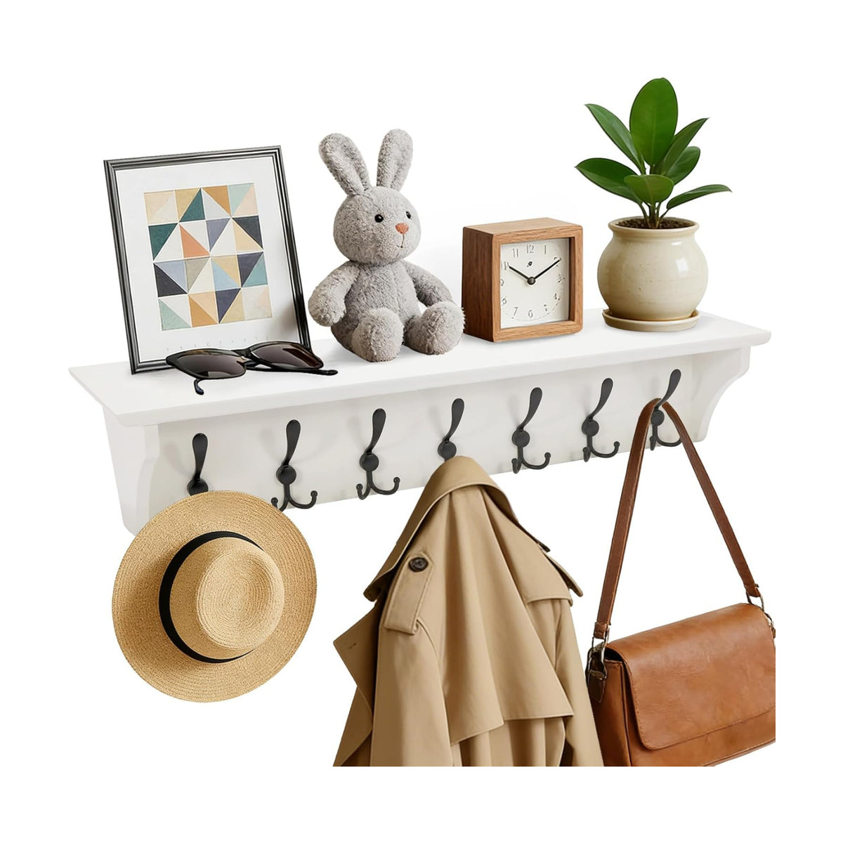 33" Coat Rack with Shelf Wall Mount, Pre-Assembled Solid Wood Coat Hooks with Shelf, Wall Coat Hanger with 7 Metal