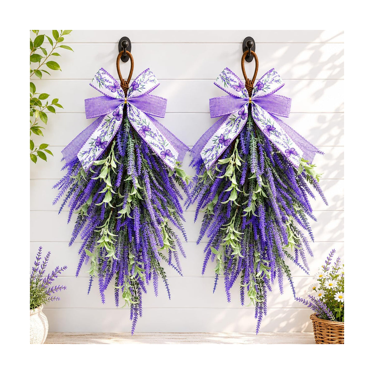nuvagiki Lavender Teardrop Swag, 2 Pack 24 Inch Front Door Swag Wreaths, Spring Summer Rustic Farmhouse Door Decor, Purple Floral Hanging Swag for Porch