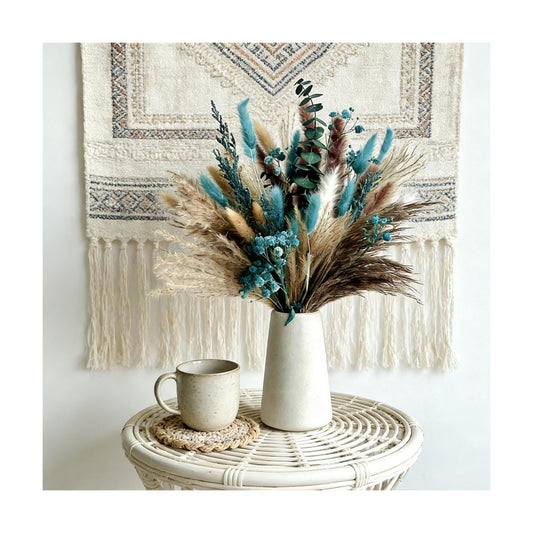 Turquoise Dired Pampas Grass Decor 17" Fluffy Real Blue Dired Flowers / Teal