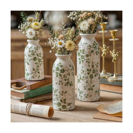 Vintage Vase / Ceramic Flower Vases Chinoiserie Decor / Green and White / Set of 3
