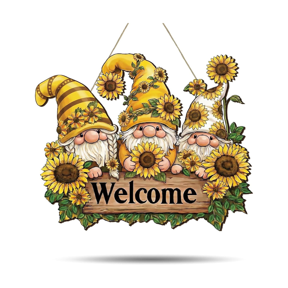 Summer Sunflower Gnome Welcome Door Sign 12'' Rustic Wooden Hanger, Sunflower Wreath Decor for Front Door Porch Wall Home Garden Kitchen