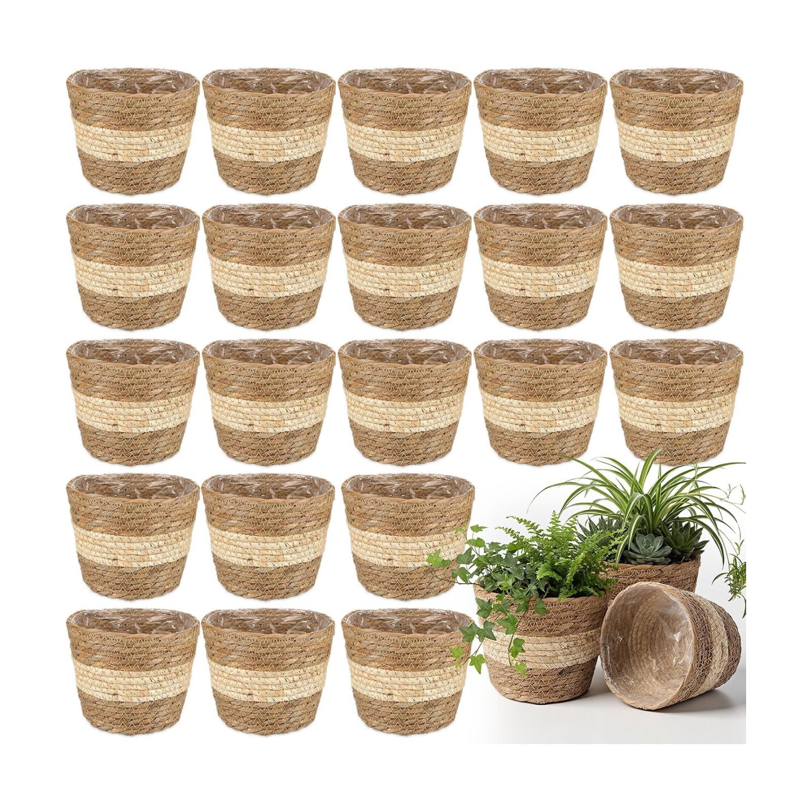 Wicker Plant Basket Bulk / Small / Beige and Brown / Set of 24