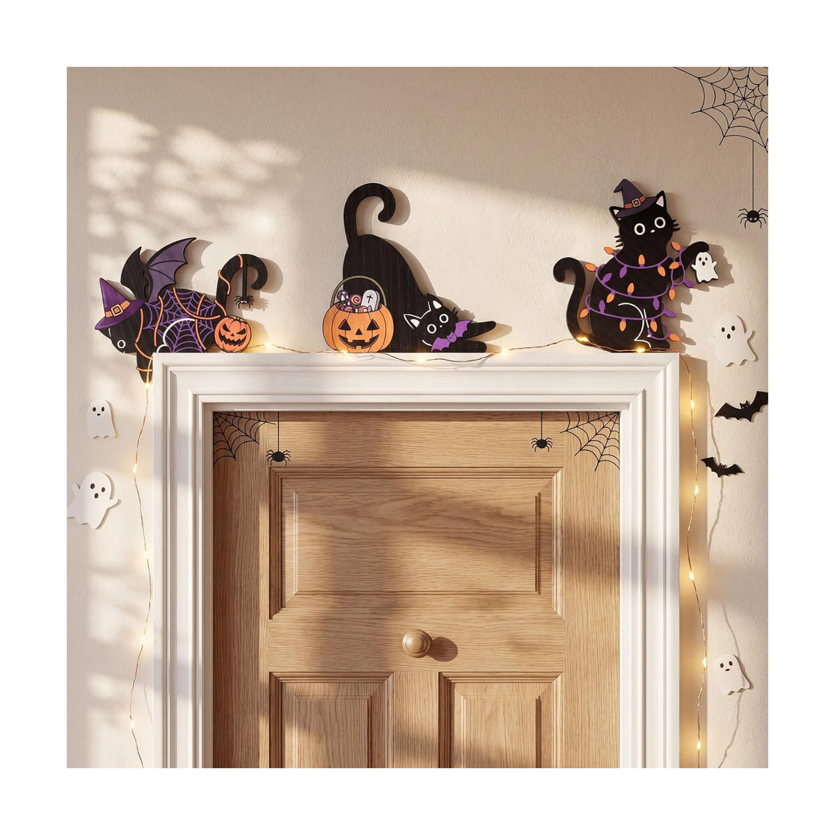 Bucherry 3 Pcs Halloween Black Cat Wooden Wall Decor, Door Frame Wall