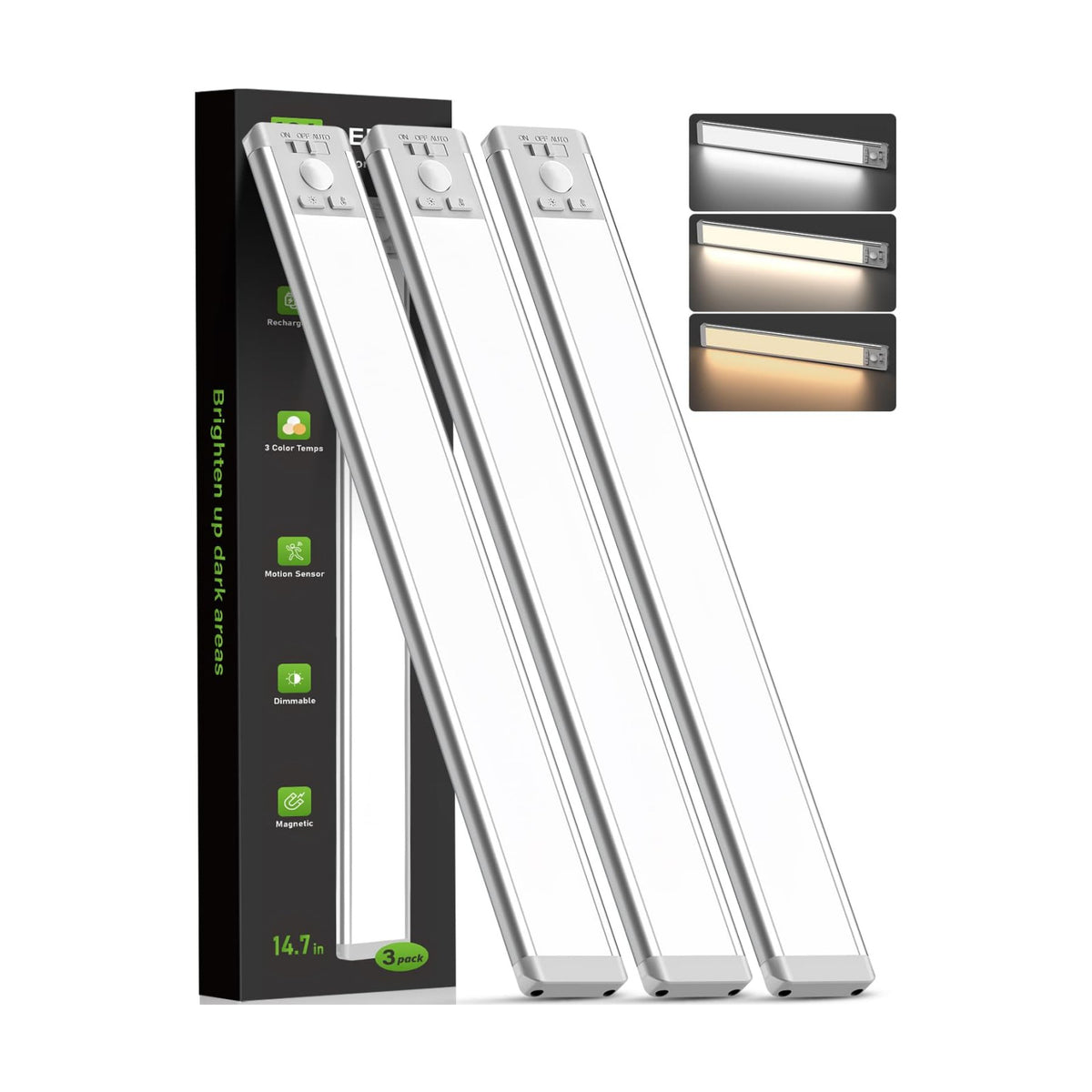 MCGOR 14.7inch Under Cabinet Lighting, Wireless Motion Sensor Light,3 Pack | 3 Color Temps, Rechargeable, 2200mAh