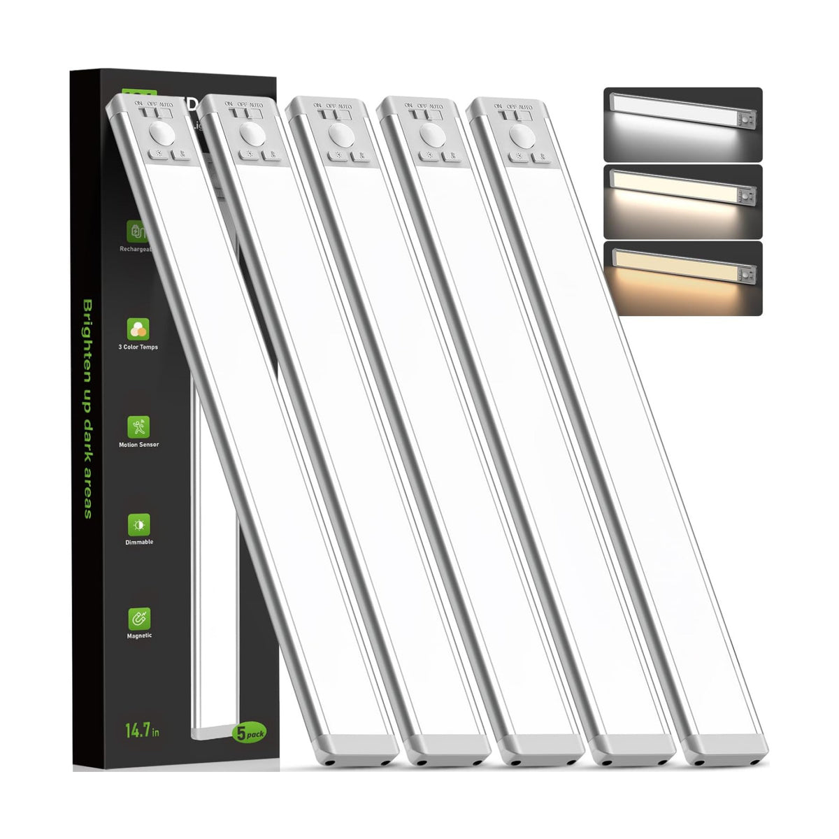 MCGOR 14.7inch Under Cabinet Lighting, Wireless Motion Sensor Light,5 Pack | 3 Color Temps, Rechargeable, 2200mAh